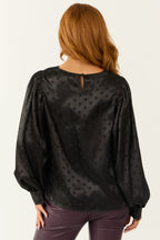 Black Satin Top with Textured Polka Dots and Bubble Sleeves