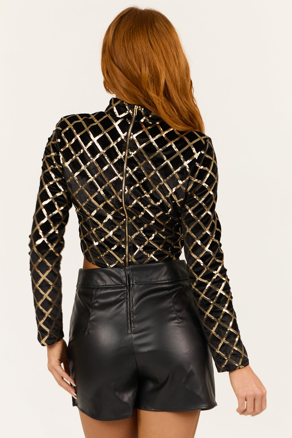 Black Velvet Sequin Crop Top with Mock Neck