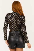 Black Velvet Sequin Crop Top with Mock Neck