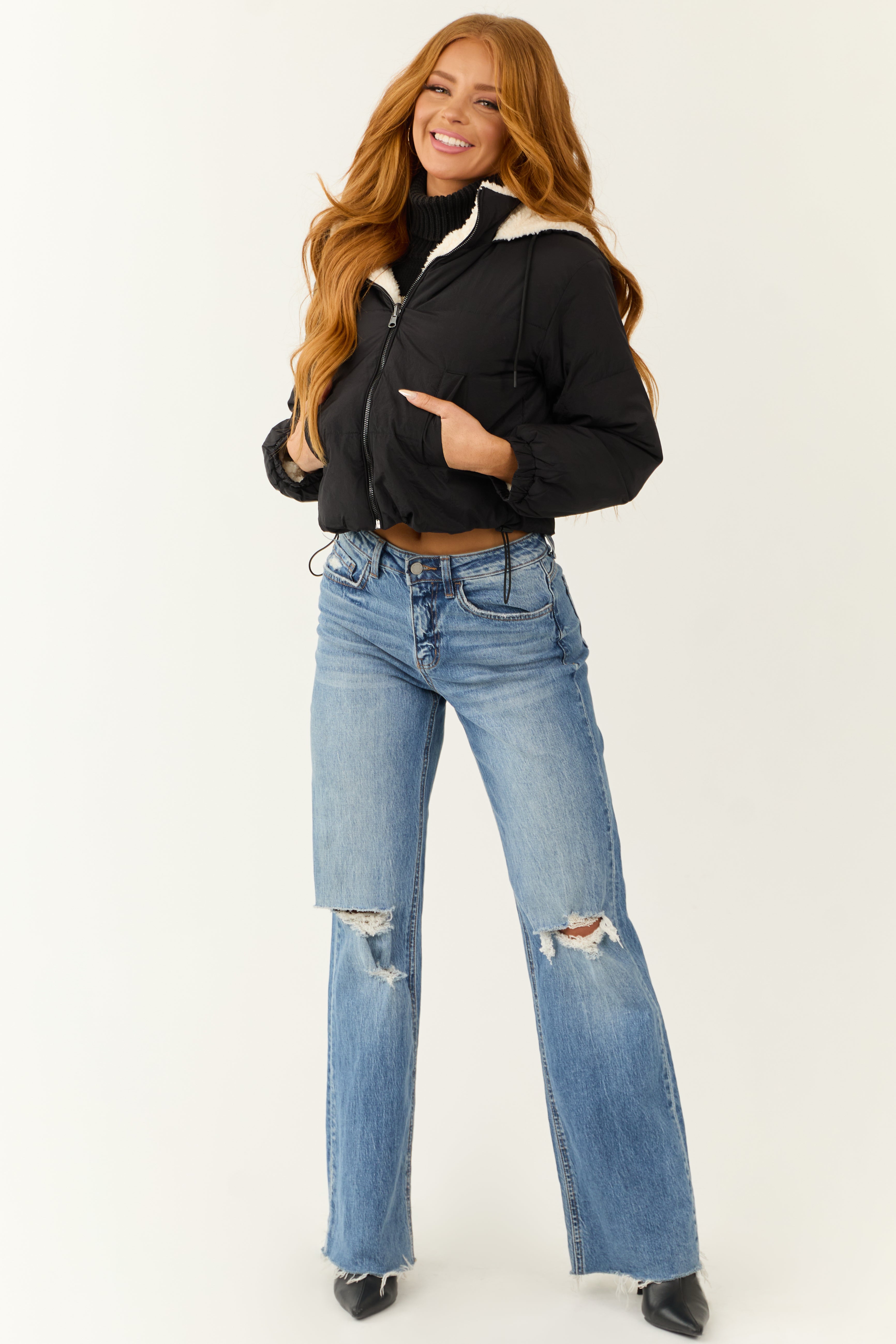 Black Reversible Sherpa Hooded Zip-Up Jacket