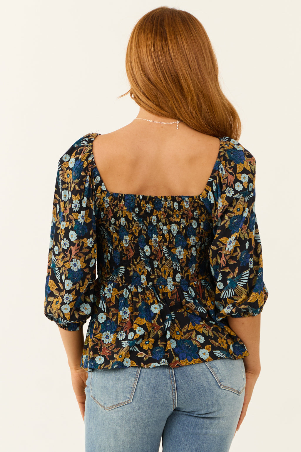 Black Floral Print V-Neck Lace Blouse