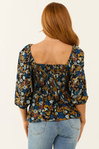 Black Floral Print V-Neck Lace Blouse