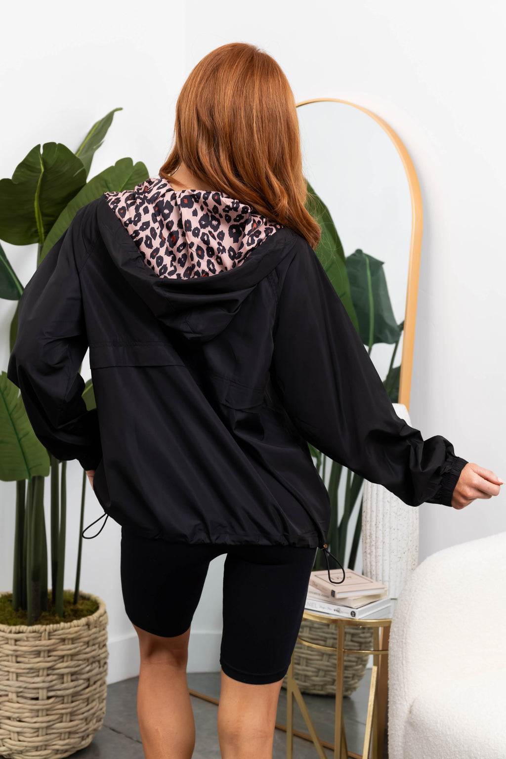 Black Half-Zip Windbreaker with Leopard Print Hood