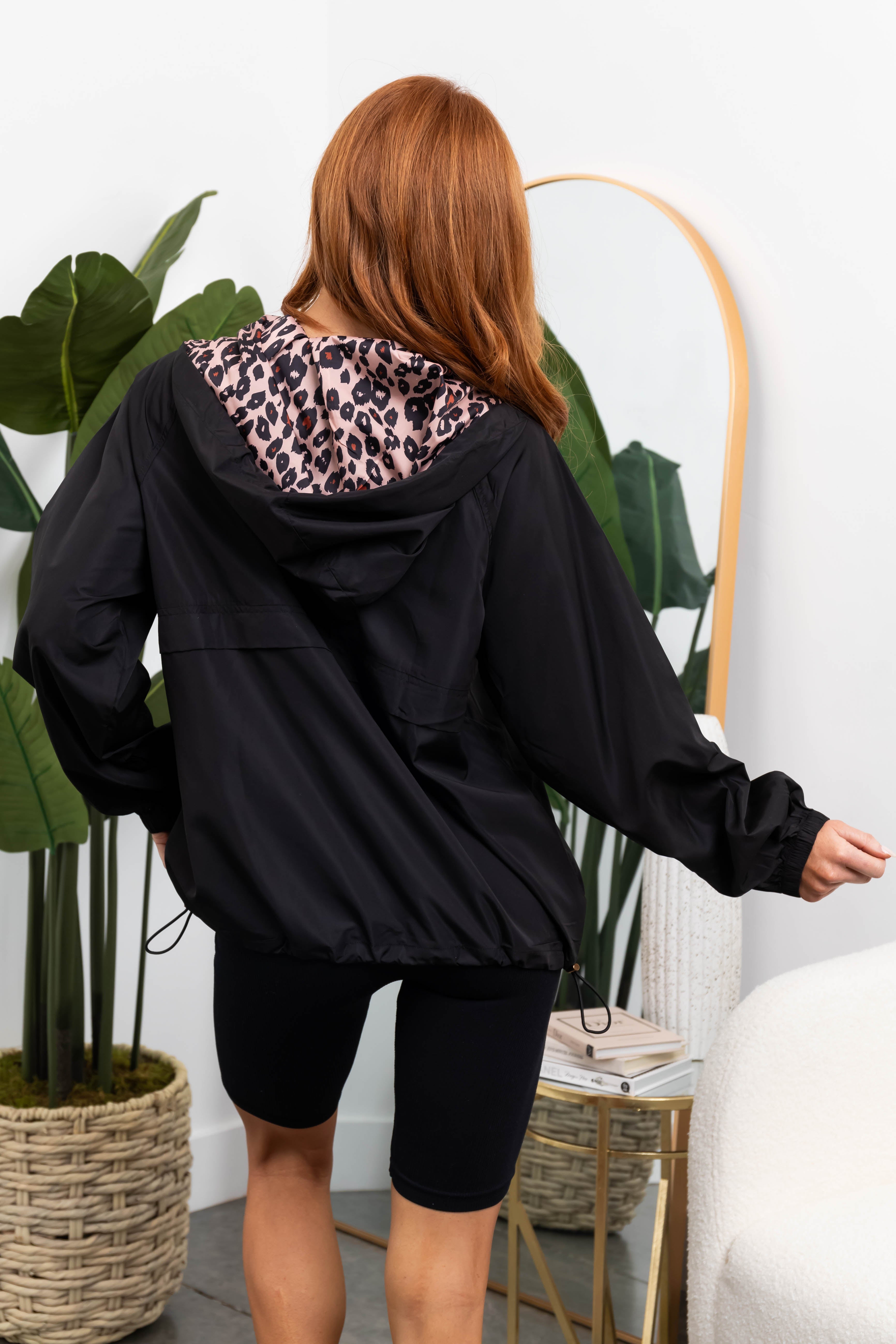 Black Half-Zip Windbreaker with Leopard Print Hood
