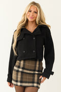 Black Cropped Double-Breasted Coat with Notched Collar