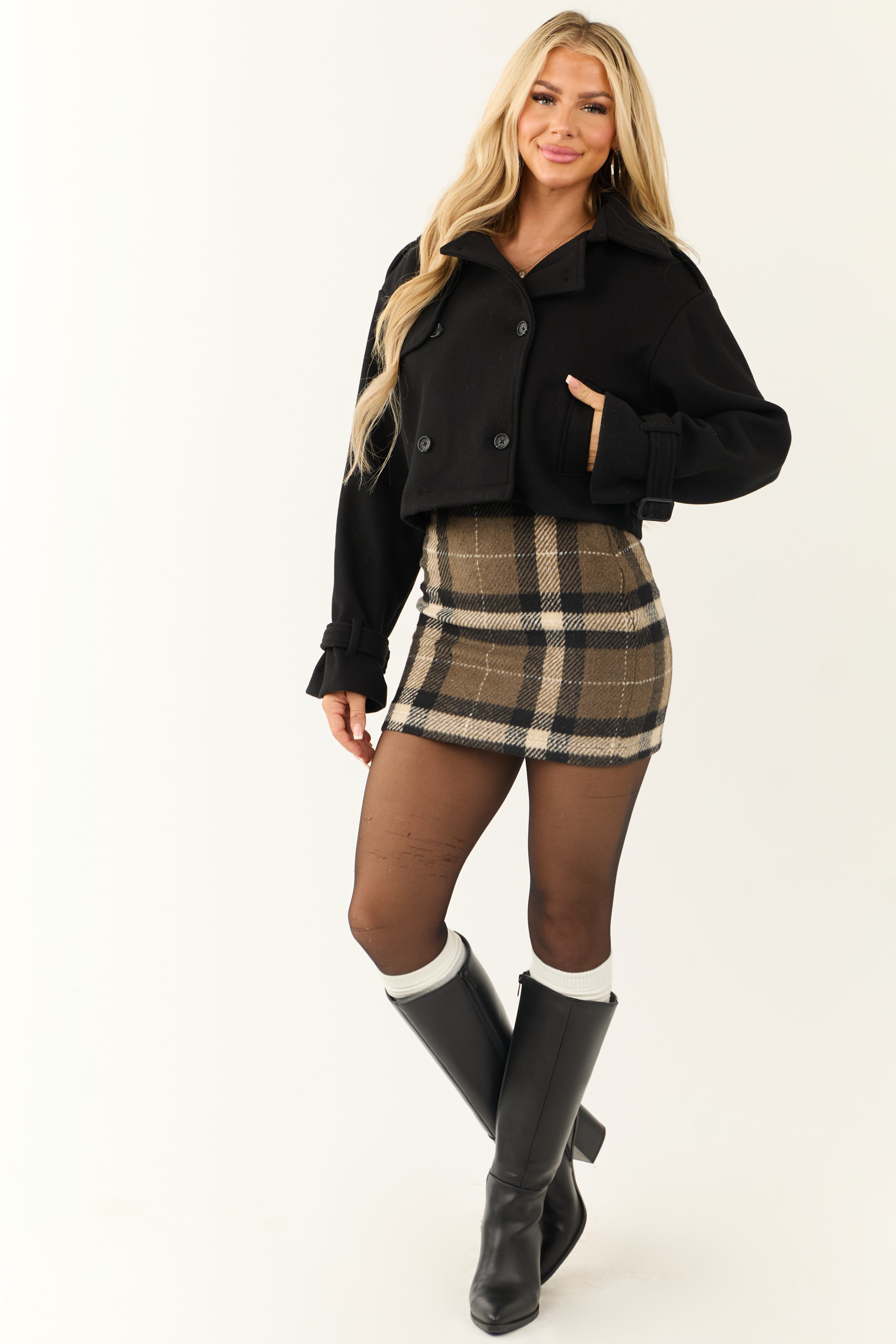 Black Cropped Double-Breasted Coat with Notched Collar