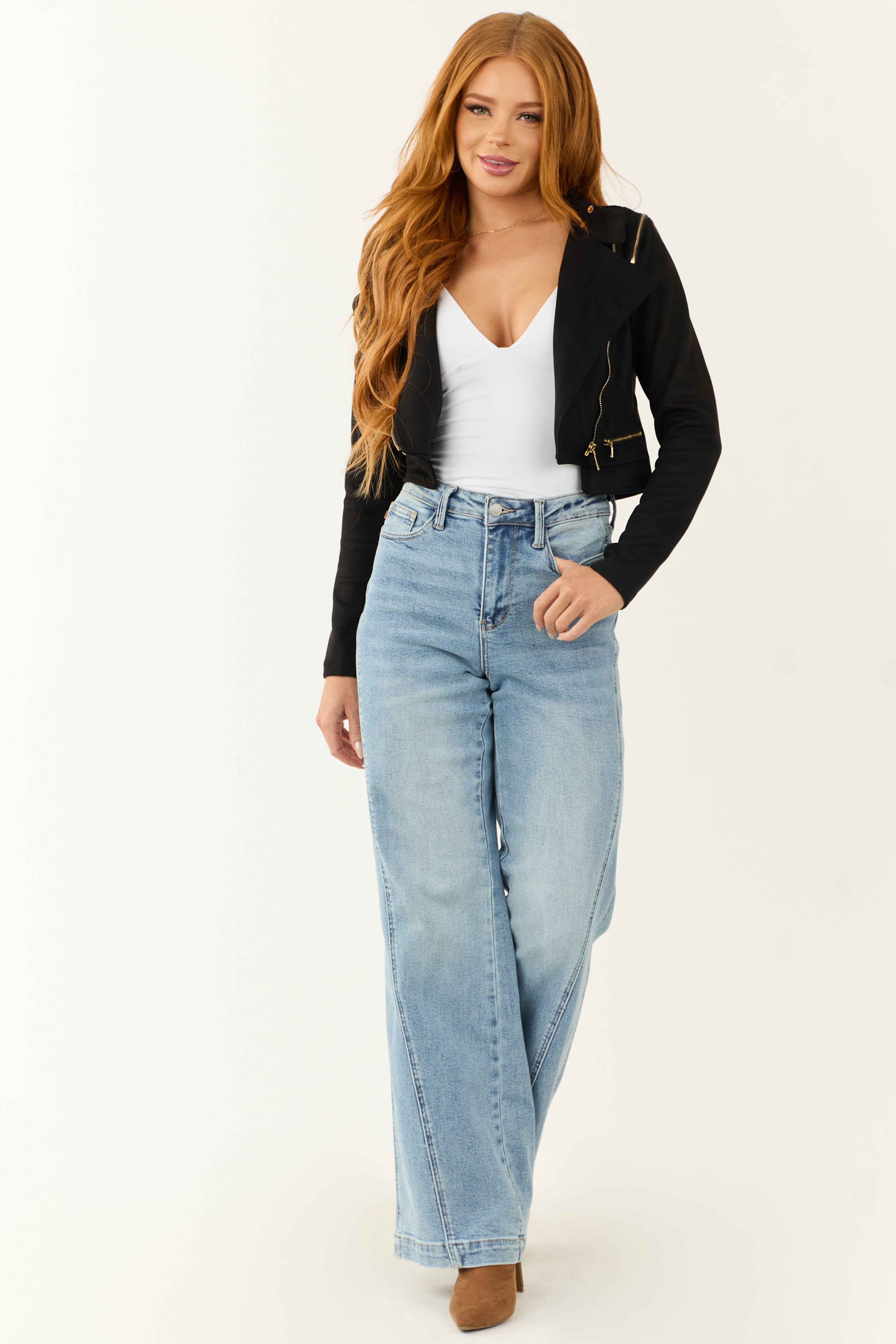 Black Faux Suede Moto Jacket with Zipper Detail