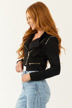 Black Faux Suede Moto Jacket with Zipper Detail