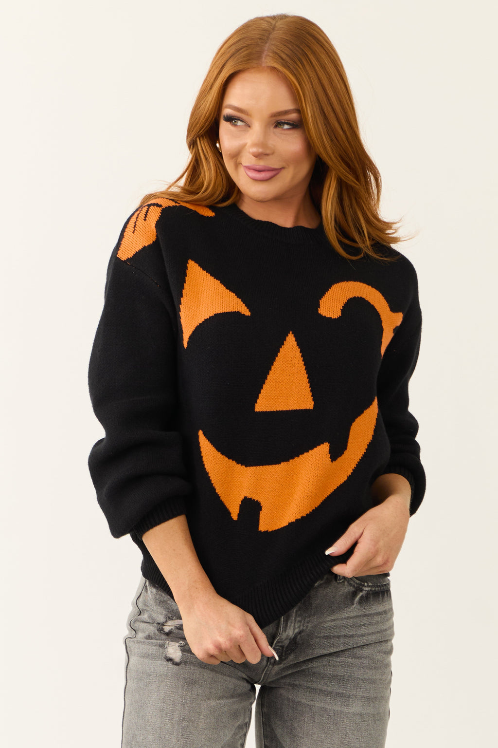 Black Soft Knit Sweater with Jack-O-Lantern Graphic