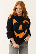 Black Soft Knit Sweater with Jack-O-Lantern Graphic