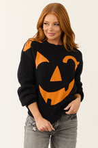 Black Soft Knit Sweater with Jack-O-Lantern Graphic