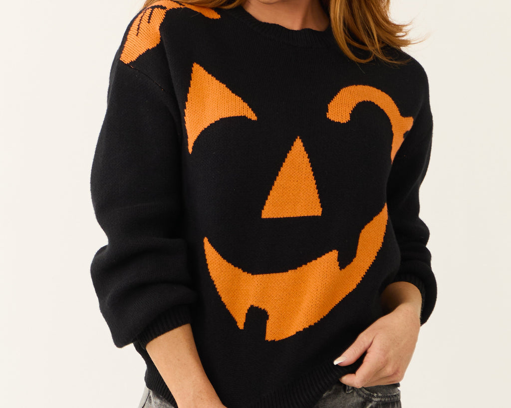 Black Soft Knit Sweater with Jack-O-Lantern Graphic
