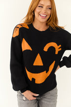 Black Soft Knit Sweater with Jack-O-Lantern Graphic