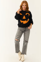 Black Soft Knit Sweater with Jack-O-Lantern Graphic