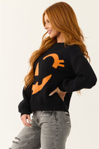 Black Soft Knit Sweater with Jack-O-Lantern Graphic
