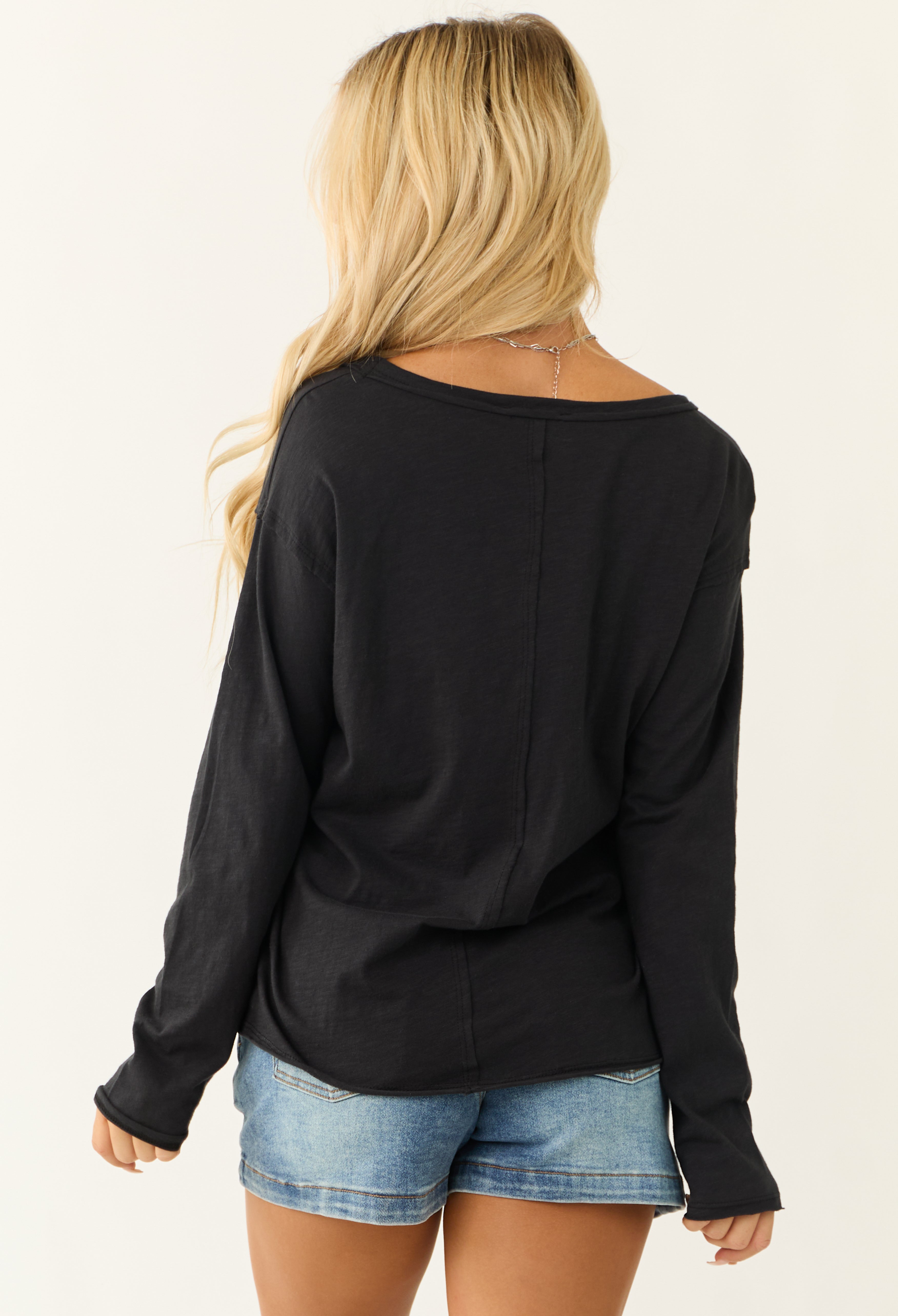 Black Long Sleeve Knit Top with Chest Pocket