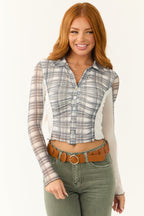 Plaid Button-Down Top with Contrast Buttons