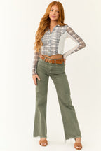 Plaid Button-Down Top with Contrast Buttons