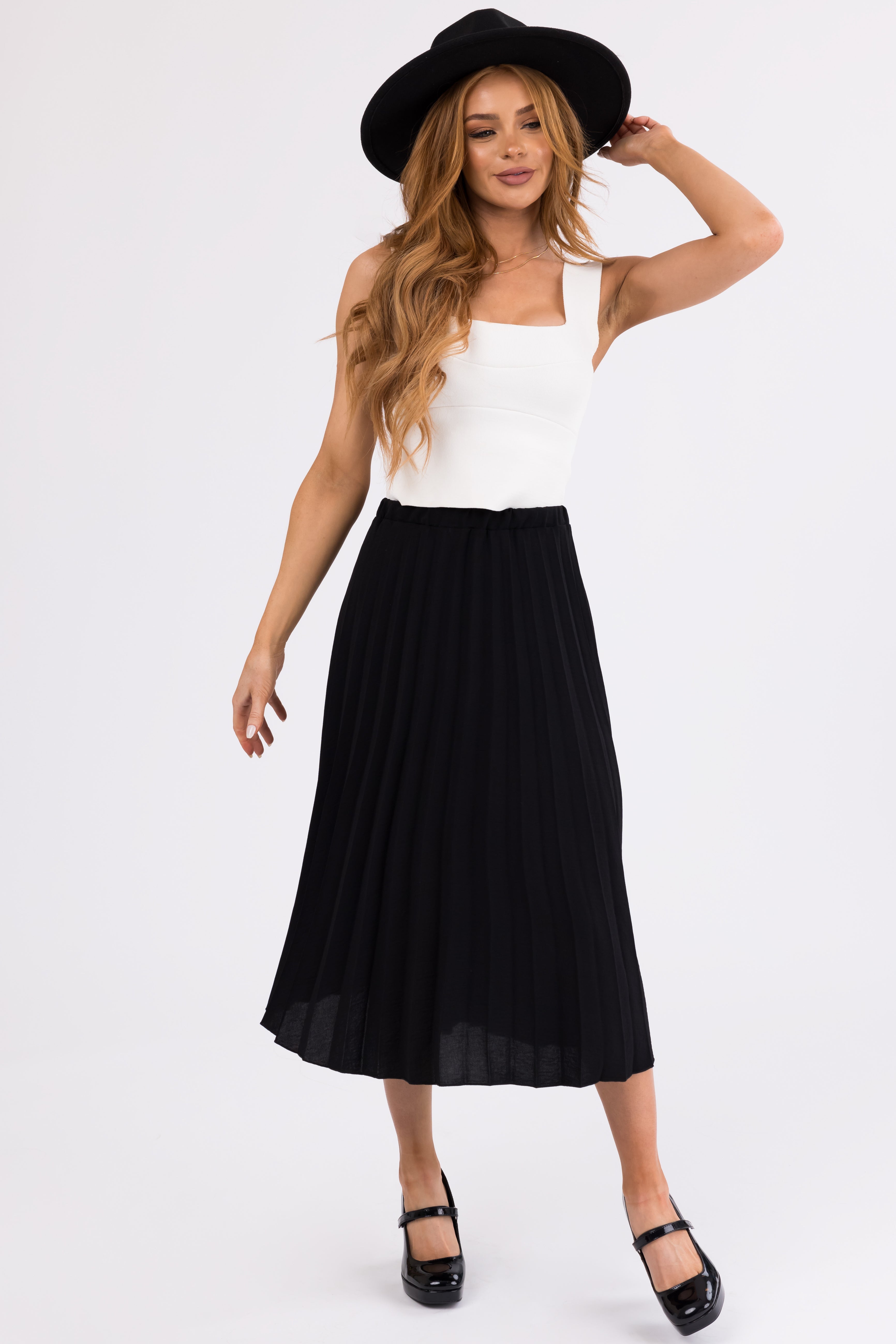 Black Pleated Midi Skirt with Elastic Waist