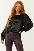 Black Satin Top with Textured Polka Dots and Bubble Sleeves