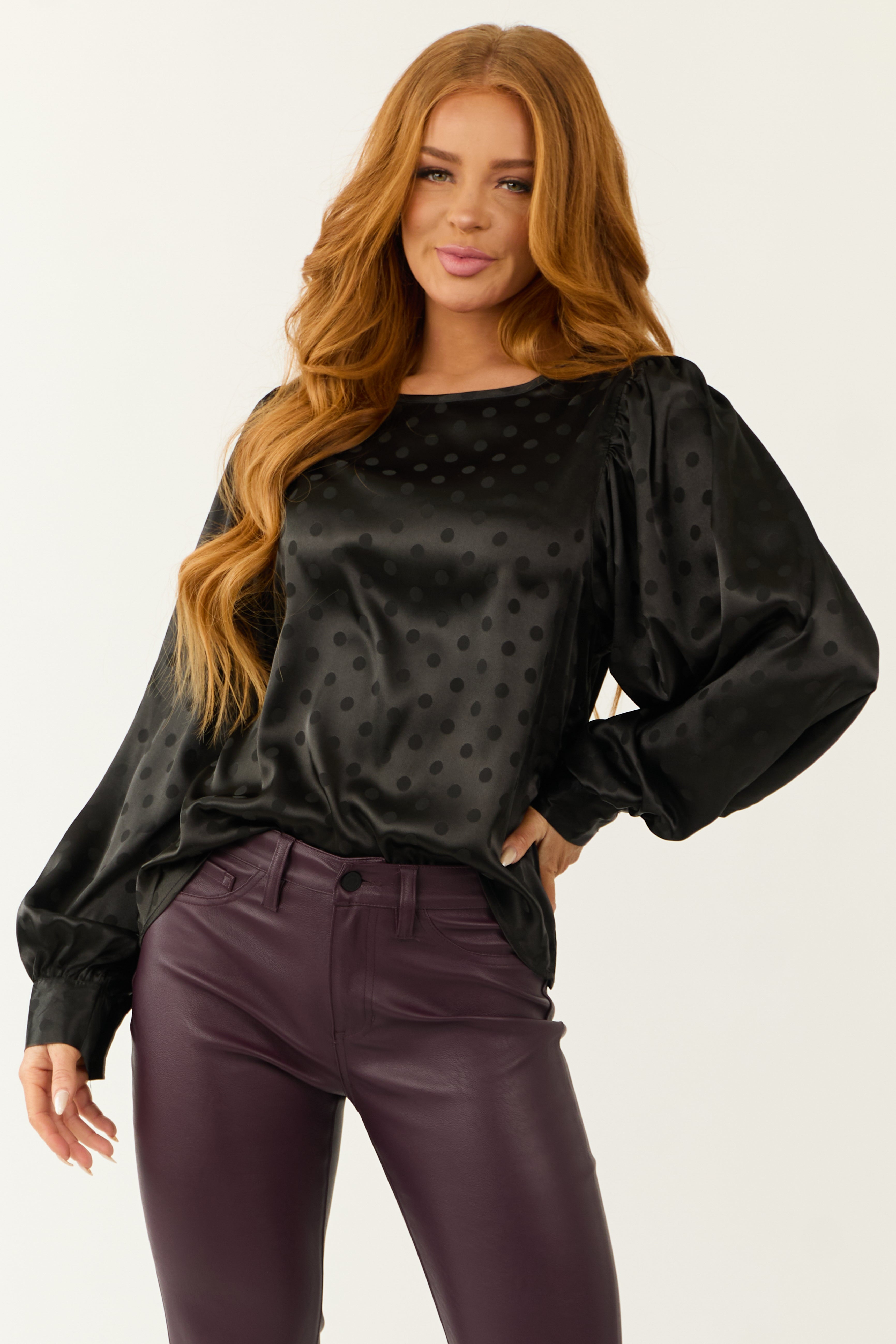 Black Satin Top with Textured Polka Dots and Bubble Sleeves