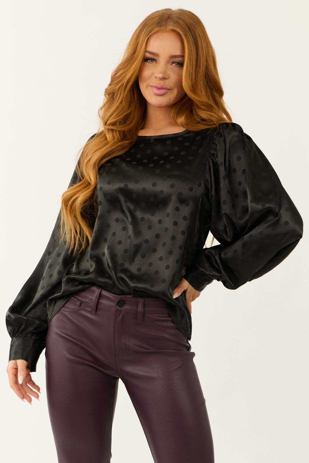 Black Satin Top with Textured Polka Dots and Bubble Sleeves