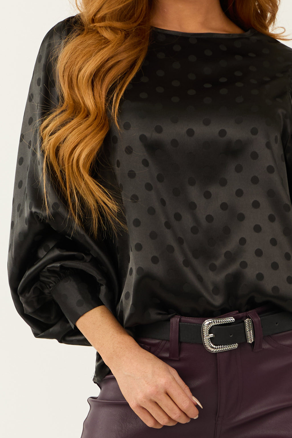 Black Satin Top with Textured Polka Dots and Bubble Sleeves