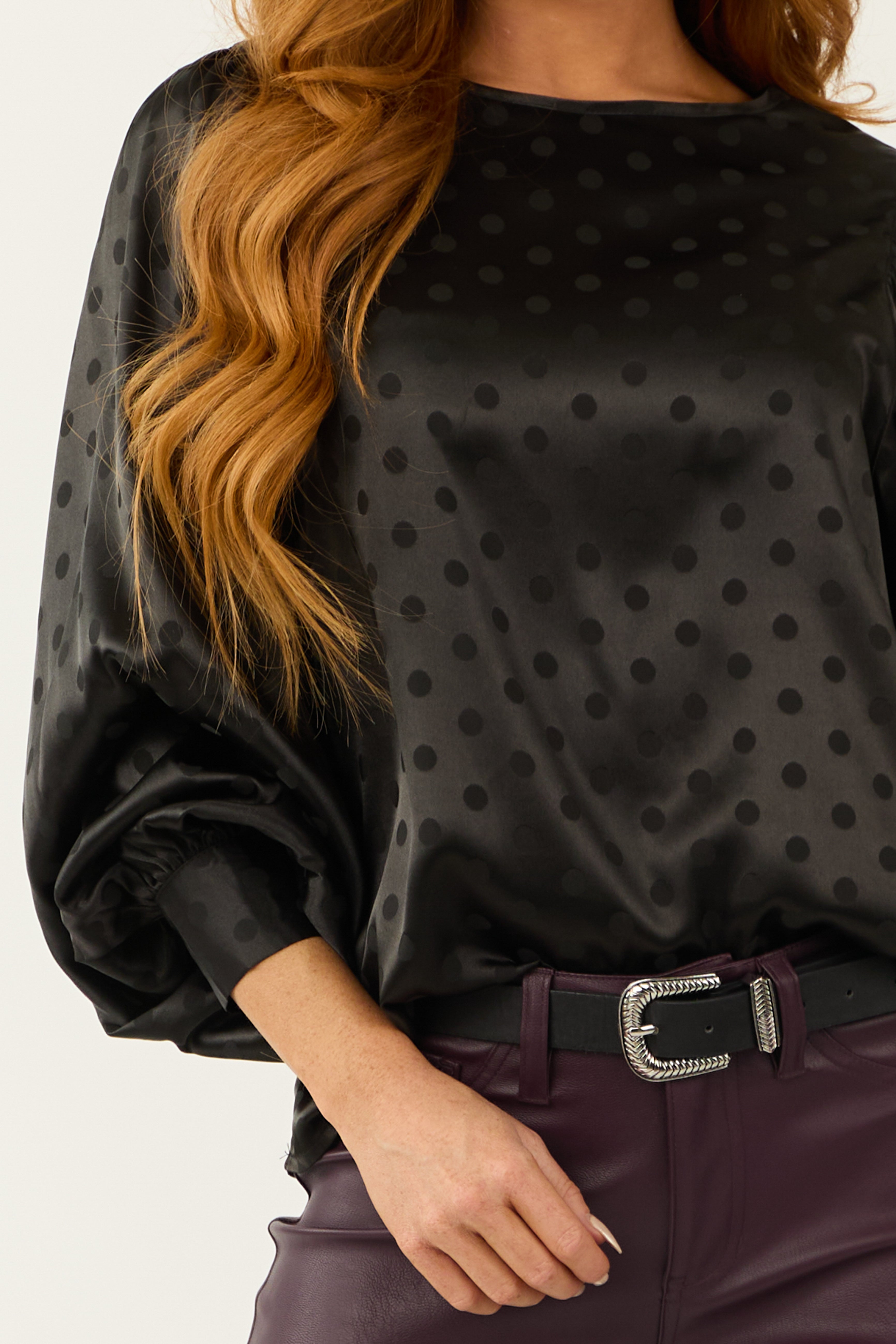 Black Satin Top with Textured Polka Dots and Bubble Sleeves