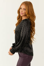 Black Satin Top with Textured Polka Dots and Bubble Sleeves