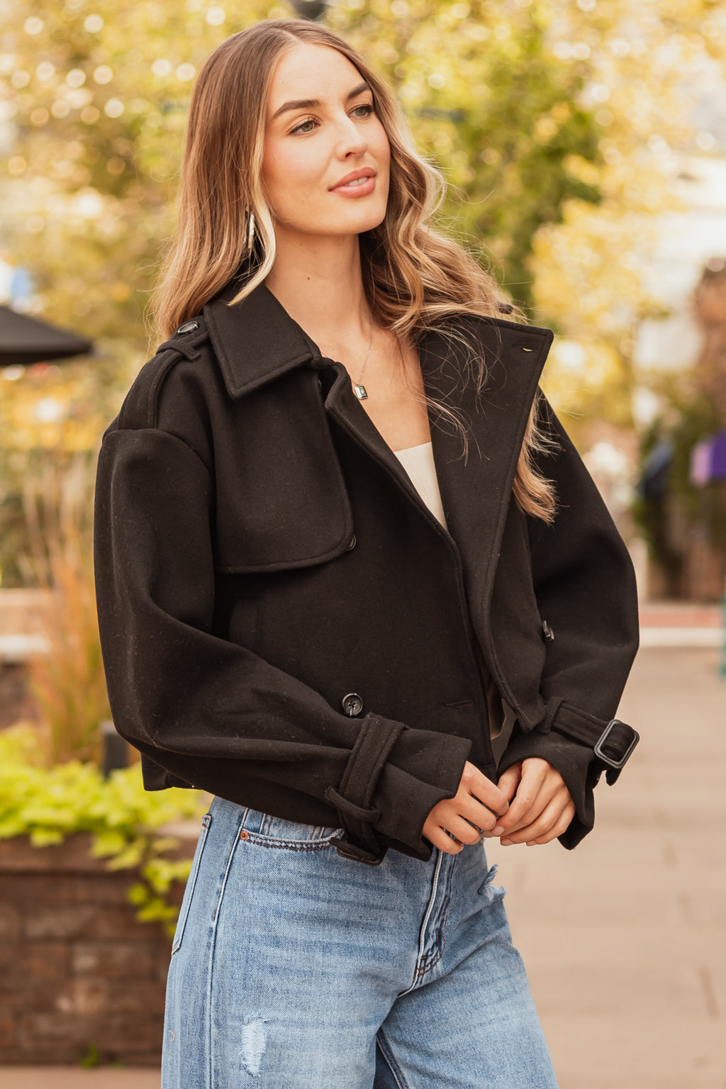Black Cropped Double-Breasted Coat with Notched Collar