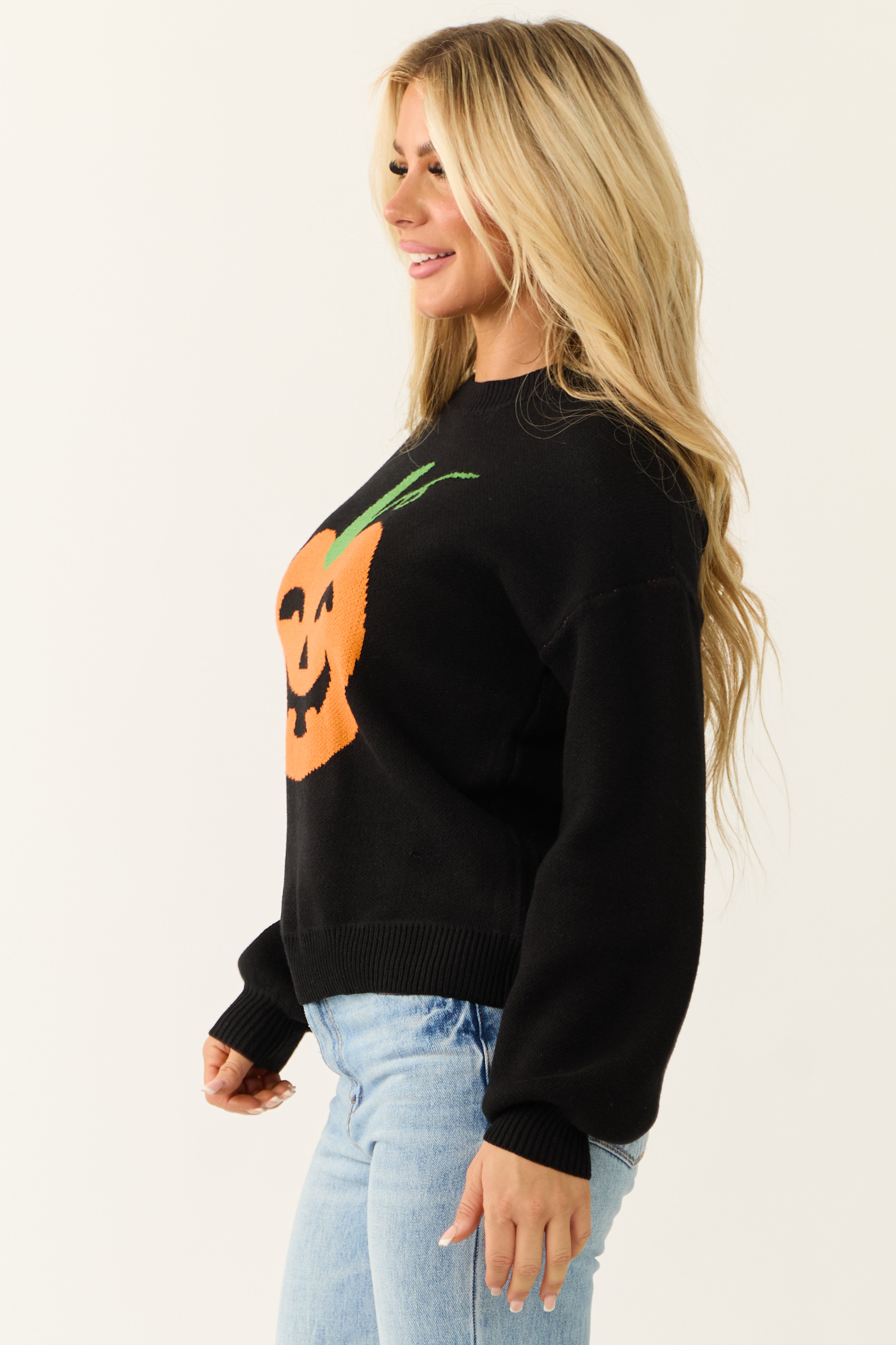 Black Soft Knit Sweater with Pumpkin Graphic
