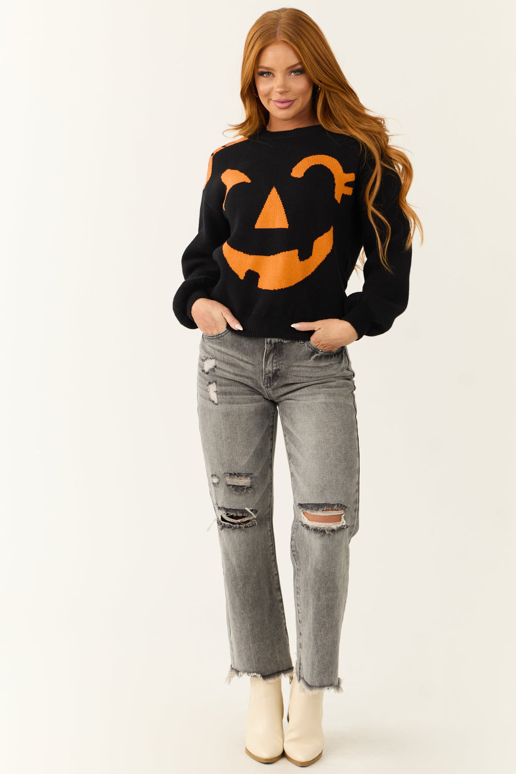 Black Soft Knit Sweater with Jack-O-Lantern Graphic