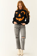 Black Soft Knit Sweater with Jack-O-Lantern Graphic