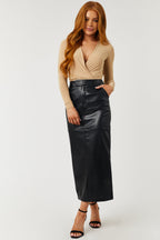 Black Faux Leather Midi Skirt with Back Slit