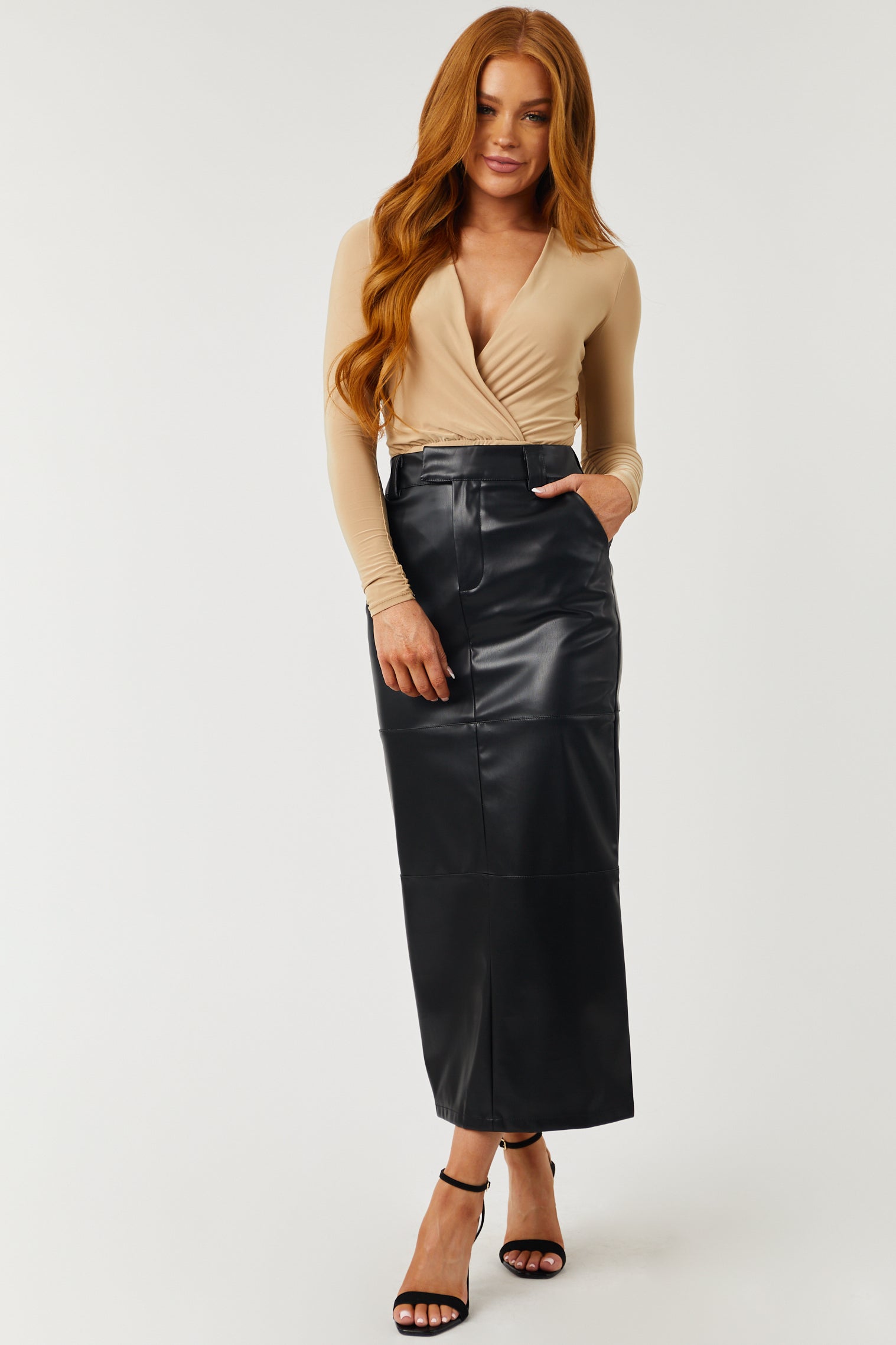Black Faux Leather Midi Skirt with Back Slit