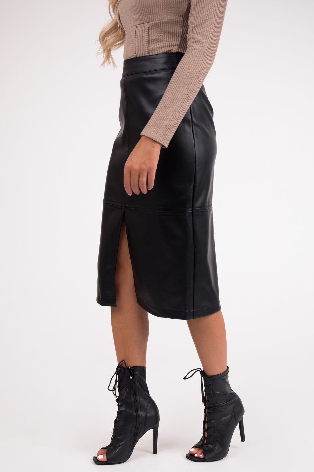 Black Faux Leather Midi Skirt with Front Slit