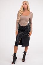 Black Faux Leather Midi Skirt with Front Slit