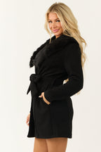 Black Belted Coat with Faux Fur Collar