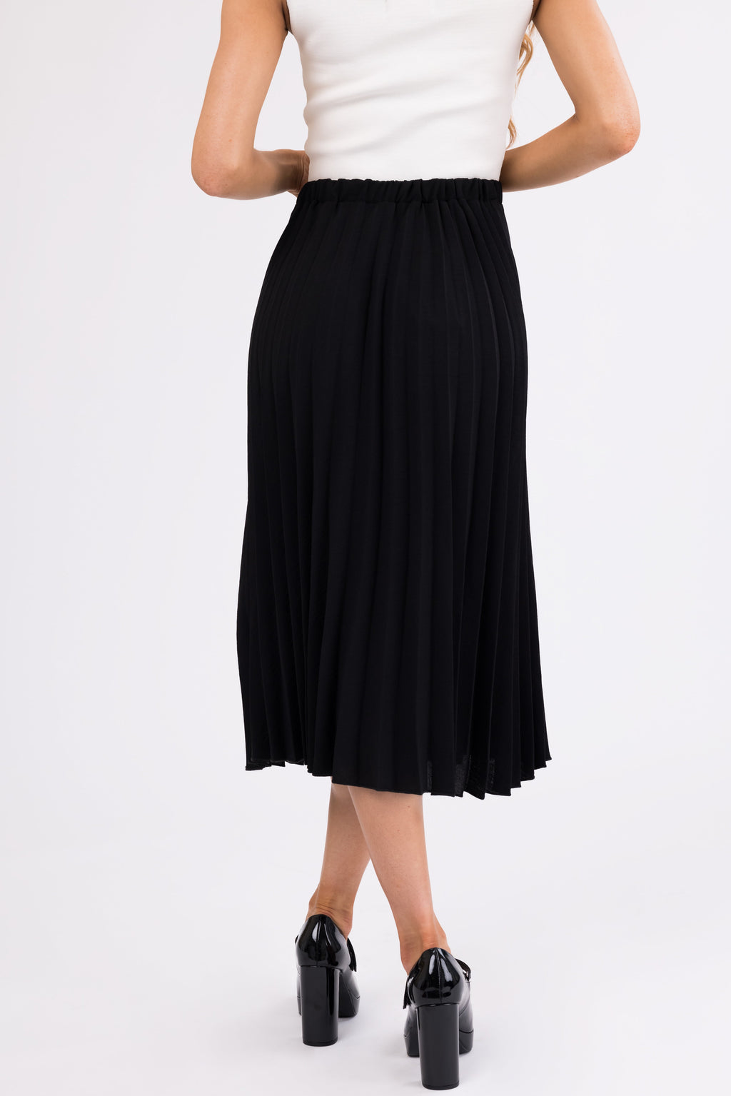 Black Pleated Midi Skirt with Elastic Waist