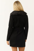 Black Belted Coat with Faux Fur Collar