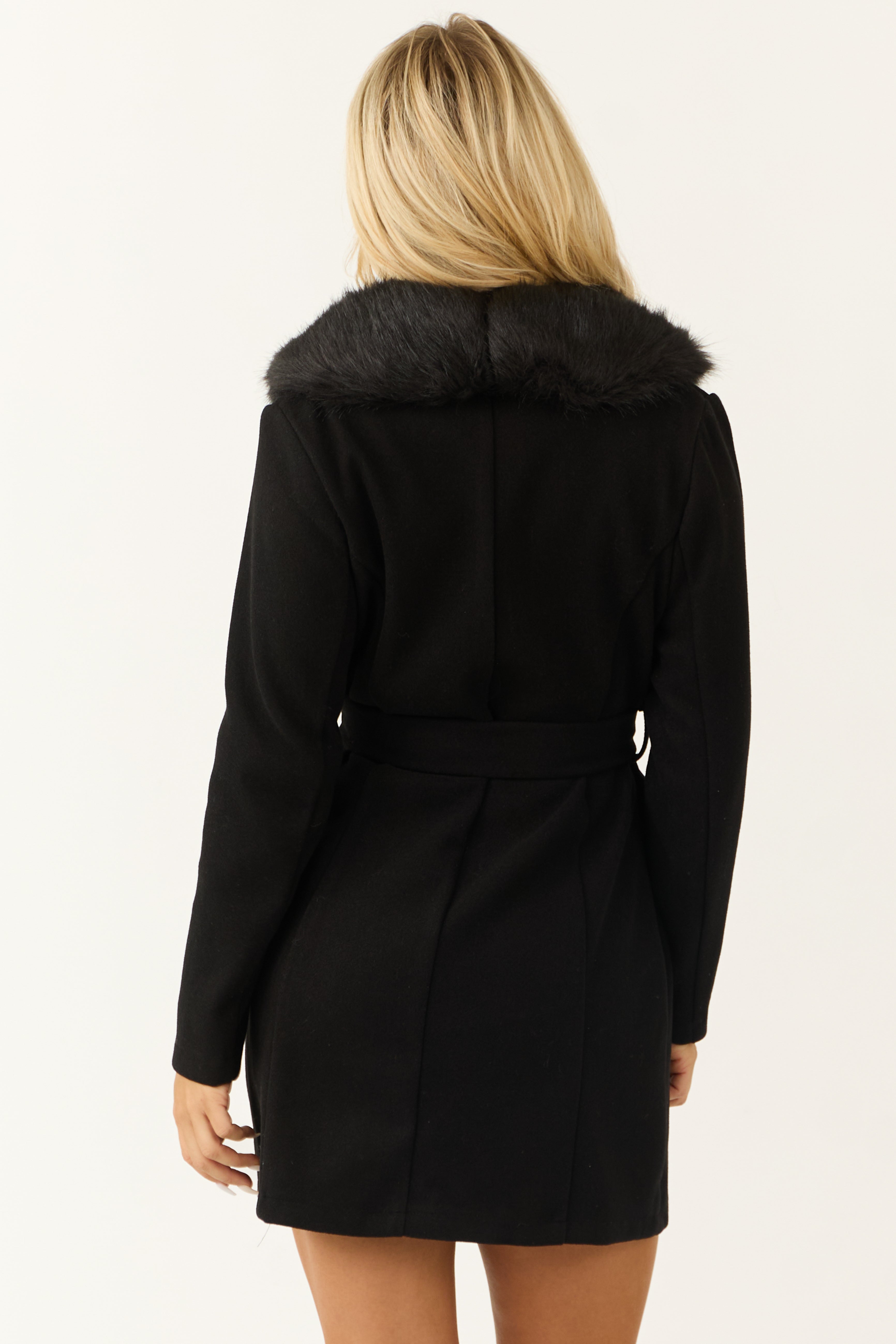 Black Belted Coat with Faux Fur Collar