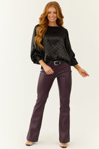 Black Satin Top with Textured Polka Dots and Bubble Sleeves