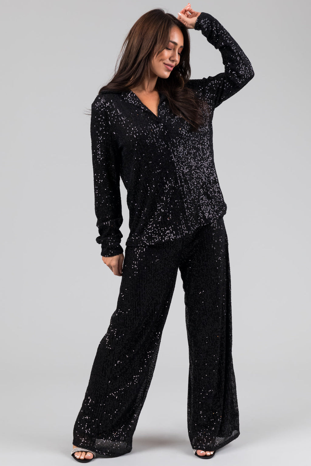 Black Sequin Wide-Leg High-Waist Pants