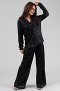 Black Sequin Wide-Leg High-Waist Pants