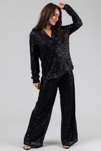 Black Sequin Wide-Leg High-Waist Pants