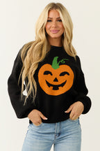 Black Soft Knit Sweater with Pumpkin Graphic