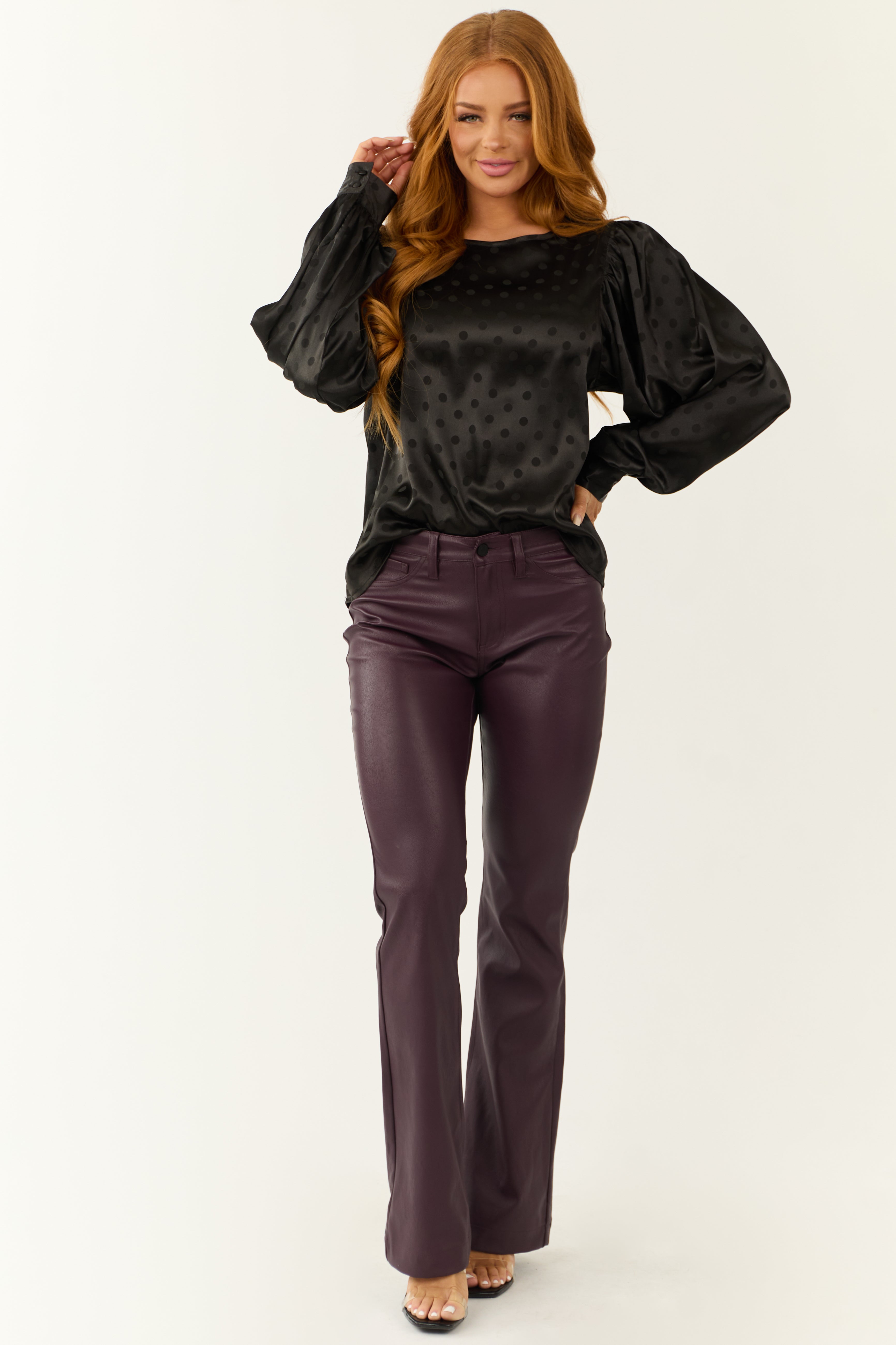 Black Satin Top with Textured Polka Dots and Bubble Sleeves