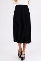 Black Pleated Midi Skirt with Elastic Waist