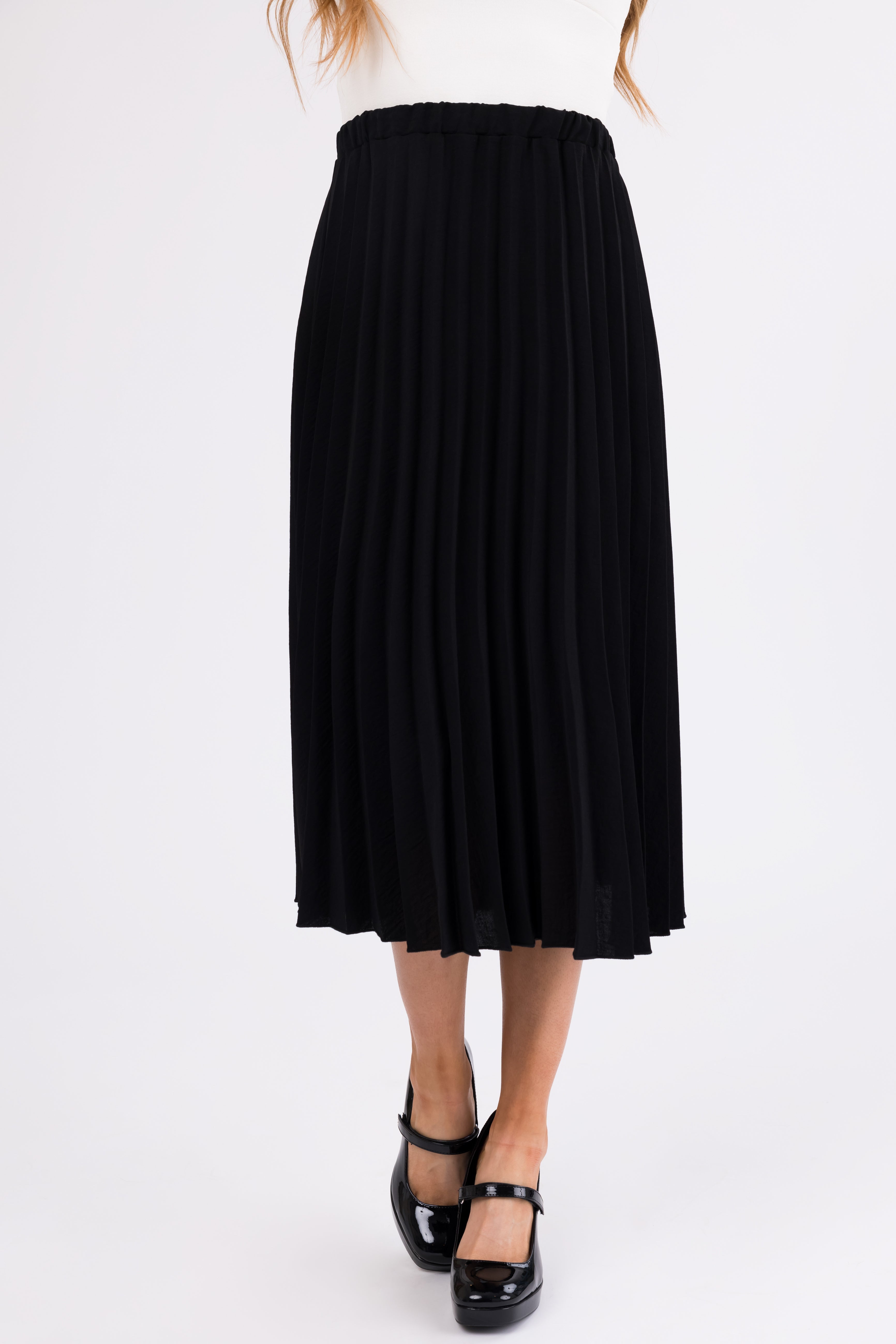 Black Pleated Midi Skirt with Elastic Waist