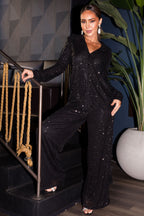 Black Sequin Wide-Leg High-Waist Pants